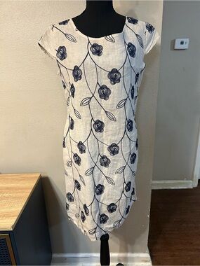 Puro Lino 100% Linen Sleeveless Floral Midi Shift Dress